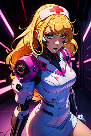 anime, nurse, 1girl, blonde, long hair, short skirt, detail face, beautiful eyes, 8k picture, masterpieces, high_resolution,neon palette,pov,mecha musume, white skin, white clothes, real shadow, perfect face, cyberpunk hand, best quality