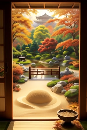 Create an image of a serene Japanese Zen garden in autumn, with a gentle breeze blowing through the trees. The garden features a carefully raked sand bed, surrounded by lush, colorful foliage. A small wooden bridge crosses a tranquil pond, reflecting the vibrant autumn leaves. The lighting is soft and warm, highlighting the textures and colors of the garden. The composition focuses on the harmony and tranquility of the space, inviting the viewer to find peace and contemplation.