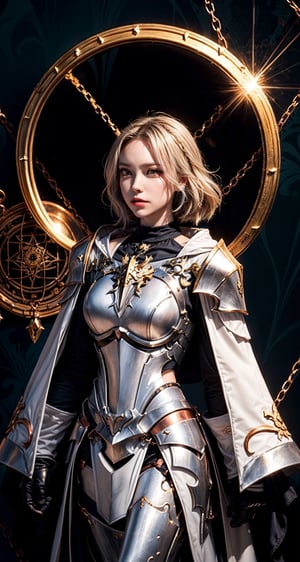 Female Paladin wearing Silver Chain Shirt Armor with Moonlit Edges , Copper Alchemist Robe with Transmutation Circles: Transmutation circles are intricately woven into the fabric, representing alchemical knowledge., (Tallow,Vessel color background:1.3),  