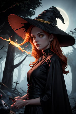 (masterpiece, best quality), 1girl, witch_hat, 10 years old, long hair, big witch hat, covering half face,  side view, fog, rays, rain, ravens, wolfs, black and orange hair, inside a cave, spell bound, old_black_ripped_long dress,  illuminated_moonlight, campfire, night, stars, bats, bones, bone_jewerly, skulls, energy floating , rays of fire, black wolf in the background with yellow eyes,1GIRL SHINJOU_AKANE,yofukashi background,Detailedface,jolynejojo,Ranni,odelschwanck,n_2b
