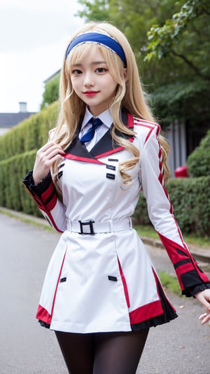 masterpiece, best quality, highres, aacecilia, very long hair, curly hair, drill hair, blue hairband, school uniform, white jacket, white dress, long sleeves, belt, black pantyhose, standing, cowboy shot, outdoors, smile, long hair