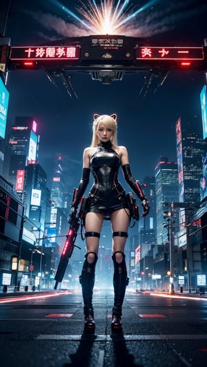 high-detail、high-level image quality、rialistic photo、Japan pretty girls、a blond、Twinte、cyberpunked、Futuristic city at night、miku hatsune、full body seen、Violent explosion、Combat with robots、a scene from a movie、arma