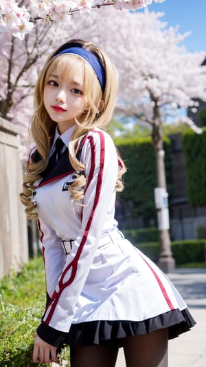 masterpiece, best quality, highres, aacecilia, very long hair, curly hair, drill hair, blue hairband, school uniform, white jacket, white dress, long sleeves, belt, black pantyhose, leaning forward, smile, cherry blossoms, outdoors, cowboy shot, hand on own knee, standing