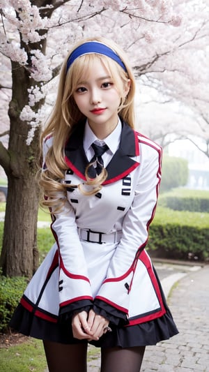 masterpiece, best quality, highres, aacecilia, very long hair, curly hair, drill hair, blue hairband, school uniform, white jacket, white dress, long sleeves, belt, black pantyhose, leaning forward, smile, cherry blossoms, outdoors, cowboy shot, hand on own knee, standing