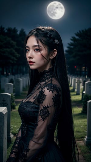 1girl, detailed face, very long hair, drapped lace dark gown, cemetery complex, eerie glow moonlight, shrouded by mist, masterpiece, best quality, cinematic, evil, 