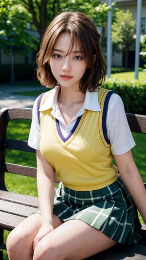 masterpiece, best quality, highres, 1girl, solo, short hair, brown hair, brown eyes, breasts, collarbone, school uniform, collared shirt, white shirt, sweater vest, (yellow vest:1.1), short sleeves, plaid skirt, green skirt, sitting, outdoors, bench