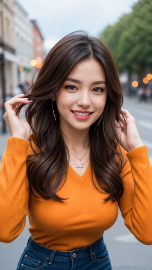 1girl, solo_female, long hair, looking at viewer, smile, brown hair, shirt, long sleeves, jewelry, upper body, outdoors, sky, teeth, pants, necklace, grin, blurry, sweater, lips, hands up, blurry background, denim, jeans, realistic, orange shirt, orange sweater