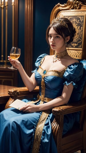 queen of cups tarot card, queen serious woman on the throne holding an antique cup, stylized in blue and gold colors, full hd, hyper realistic, the best quality, short hair 