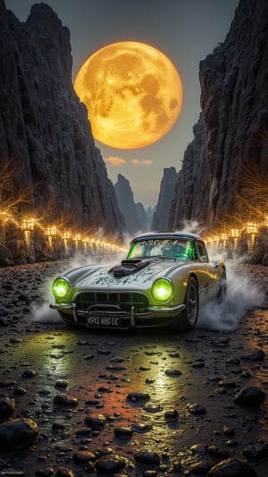 Ultra wide photorealistic medieval gothic image of exciting fusion between futuristic chevrolet 1963 split window corvette custom design, graffiti, racing serial number, fast lanes, full car, iron chains, barbed wire, thorn branches, skulls in the background. Dark sun, giant cyber chaos speed abstract, rocky road, black and neon greenyellow gray, ink flow - 8k photorealistic masterpiece - by Aaron Horkey and Jeremy Mann - detail. liquid gouache: Jean Baptiste Mongue: calligraphy: acrylic: color watercolor, cinematic lighting, maximalist photo illustration: marton Bobzert: 8k concept art, intricately detailed realism, complex, elegant, vast, fantastic and psychedelic, dripping colors, HR Giger style,action shot