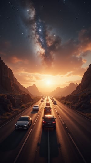 It generates a high quality cinematic image, extreme details, ultra definition, extreme realism, high quality lighting, 16k UHD, a road with cars on it but in the background and in front is outer space and you can see planets and stars the context is chaotic as if it were the end of the world, the light is sunset,  There are more cars on the road