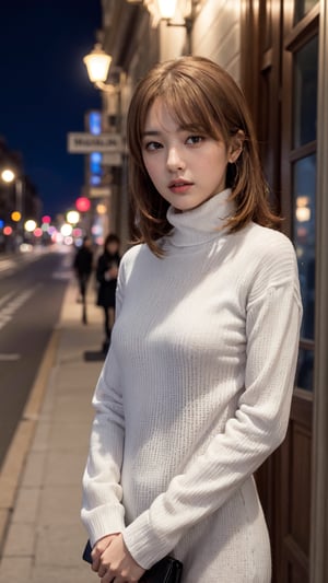 masterpiece, best quality, highres, aairoha, medium hair, sweater dress, turtleneck, city, night, standing, cowboy shot,