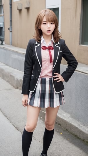 masterpiece, best quality, highres, aairoha, medium hair, school uniform, neck ribbon, collared shirt, blazer, black jacket, open jacket, long sleeves, plaid skirt, hand on hip, street, :o, standing,