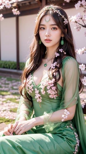 4K, Ultra HD, Masterpiece, 1 girl, (good face:1.4), detailed eyes, very long hair, princess dress, (green dress:1.5), (wearing jwellery:1.5), (cherry blossom:1.5), (bloom effect:1.5), Detailed Fantasy Art, Stunning Character Art, beautiful Exquisite Character Art, Beautiful, Extremely Detailed, Exquisite Intricate Headdress and Jewellery, perfect body, sitting,