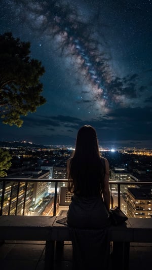 octans, sky, star (sky), scenery, starry sky, night, 1girl, night sky, solo, outdoors, building, cloud, milky way, sitting, tree, long hair, city, silhouette, cityscape --auto --s2