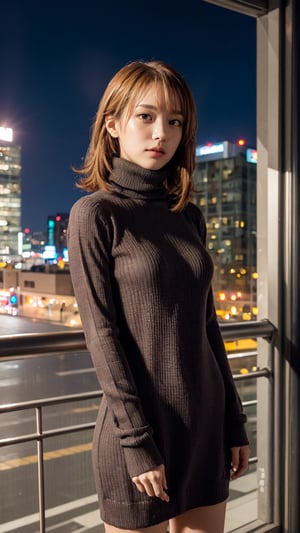 masterpiece, best quality, highres, aairoha, medium hair, sweater dress, turtleneck, city, night, standing, cowboy shot,