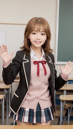 masterpiece, best quality, highres, aairoha, medium hair, school uniform, neck ribbon, collared shirt, blazer, black jacket, open jacket, long sleeves, plaid skirt, classroom, indoors, smile, waving,