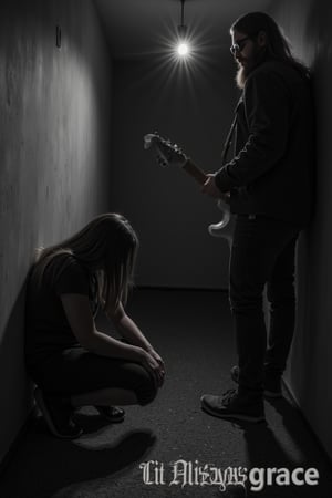 Really dark room, bw colors, (sad girl sitting close to camera:1.8), (bearded strong man with electric guitar on the back:1.5) and looks at the floor. Only one weak light on the center of room, girl and man. Noire, sun glasses, long beard, long hair, girl crying, music album cover, black and white, grange. Text Three Days Grace