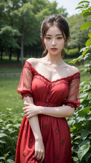 A stunning Korean girl, standing in a serene strawberry orchard on a dimly lit day with cool undertones. She wears a vibrant strawberry red frock that complements her porcelain skin and highlights the contours of her super round young breasts. Her facial features are showcased in a cinematic masterpiece of high resolution, with intricate details on her face, dress, and surroundings. The ray tracing effect enhances the natural human skin texture and softness. In the background, strawberry plants and fields stretch out in perfect clarity, creating a peaceful atmosphere that radiates calmness.