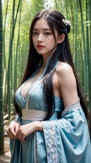 masterpiece, best quality, 1 girl, (ultra-detailed body), Azure hair, long hair, detailed eyes, forest, bare shoulders, hanfu, lakes, pure, soft (light smile:0.3), bamboo, official art, 8k wallpaper, highly detailed