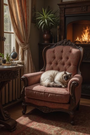 Realistic oil painting of a cozy living room with a beautiful Siamese cat lounging on a plush armchair, intricate details of the furniture and decor, warm lighting from a fireplace, painted by Edgar Degas or Jan van Eyck, creating a sense of comfort and serenity