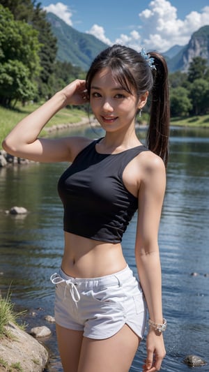 masterpiece, best quality, absurdres, perfect anatomy, realistic, cosplayer, 1girl, solo, Kobo3rd, side ponytail, bracelet, hair ornament, blue shirt, sleeveless, midriff, white shorts, standing, river, beautiful mountain background, ricefield, smile, outdoors,wear Indonesian traditional dress