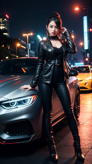 A vibrant, neon-lit sports car serves as the backdrop for this dynamic scene. A girl, dressed in a bold, futuristic outfit by Jean Paul Gaultier, poses confidently in front of the sleek vehicle. Her silver boots gleam under the bright lights, while her black hair is styled in playful pigtails. The overall mood is lively and carefree, with the colors black, red maroon, and neon hues blending together to create a thrilling, cyberpunk-inspired atmosphere.