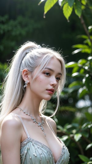 A masterpiece of a photograph! A stunning young woman with white hair and a radiant face, adorned with a necklace and hair ornament, poses elegantly in a lush green garden. She wears a beautiful polka dot dress, subtly complemented by the vibrant greenery. The rim lighting accentuates her profile, while two-tone lighting highlights the texture of her skin. The tyndall effect adds depth to her white locks, which cascade down her back like a river of moonlight. Her piercing blue eyes sparkle under the soft, spreading light of the dslr camera. The high-quality image is rendered in breathtaking 4K or 8K resolution, with a beautiful bokeh and an air of candid intimacy.