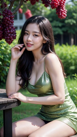 a beautiful Korean young Office girl, (((18 years young girl))), detailed face with beautiful eyes and lips, long black hair, stylish hair, hair pin, romantic Eyes, beautiful eyes, smiley face, happy face, glow face, super round young breasts, beautiful realistic knees, glow skin, bright skin, realistic skin, realistic smile, cutest smile, realistic body, ((green silky Glitter above knee length Floral Print Slim-Fit Mini Tank Dress)), ((ultra detailed Floral Print Slim-Fit Mini Tank Dress)), detailed dress, stylish dress, stylish uniform, High resolution dress quality, stylish look, stylish angle, sitting in a black grape vine orchard, surrounded by ripe black grapes, beautiful ripe orchards, detailed ripe black grapes, wine and grapes, black grape trees, detailed grapes, detailed grape trees, black grape ripe Italy, Italian black grape ripe forming fields, black grape ripe forming, detailed black grape ripe forming harvest, photorealistic, realistic, masterpiece, ultra-detailed,8k, (best quality,8k,highres,masterpiece:1.2),ultra-detailed,(realistic,photorealistic,photo-realistic:1.37), highly detailed, cinematic lighting, vibrant colors, warm tones, masterpiece, highres, warm lighting, vibrant colors, soft focus, elegant, cinematic, highly detailed, professional digital art, UHD, Ultra HD, ultra realistic, hyper realistic, ultra sharp, vivid, realistic atmosphere, Beautiful rally atmosphere in background, beautiful background, detailed black grapes ripe harvest background, hyper-detailed background, cinematic photography, award winning Photography, Very High Resolution picture quality, full-body shot,