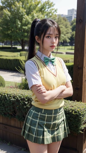 masterpiece, best quality, highres, 1girl, solo, long hair, black hair, ponytail, parted bangs, brown eyes, school uniform, green bowtie, white shirt, short sleeves, sweater vest, yellow vest, plaid skirt, green skirt, standing, cowboy shot, crossed arms, outdoors