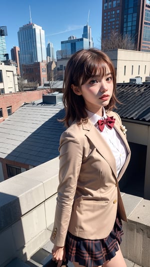 masterpiece, best quality, highres, aamikoto, short hair, hair flower, red bowtie, blazer, brown jacket, long sleeves, plaid skirt, from_side, rooftop, city, standing, blue sky,