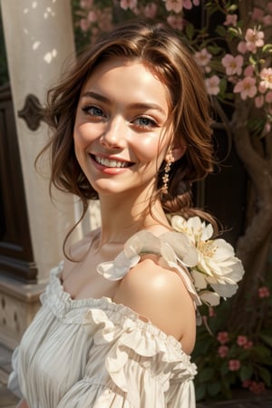 Best quality, masterpiece, ultra high res, (photorealistic:1.4), raw photo, 1girl, white dress, off shoulder, blossom flower field, glowing skin, light smile,renaissance