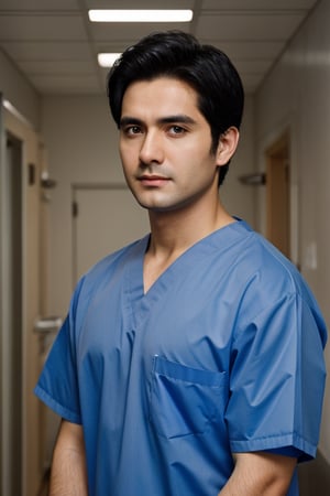 handsome men, 30 yo, black hair, detailed facial features, stern facial expression, surgical gown, doctor, standing, upper body picture, hospital background, realistic photography, 4k, anime, masterpiece, detailed