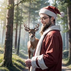 1 Santa Claus, (fat:0.8), (beard:1.2), (glasses:1.1), (smiling:1.3), (tattoo:1.2), BREAK watercolor style, BREAK in a forest, BREAK with a deer in the background, BREAK wearing a hat and a scarf.