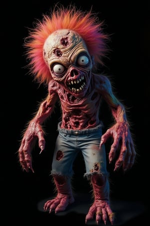 Photograph of a scary zombie with crazy fluffy fur, facing the camera. The zombie has vibrant psychedelic colors and exaggerated expressive eyes, giving a creepy appearance. It has paws and is standing against a plain black background, emphasizing its eerie presence.