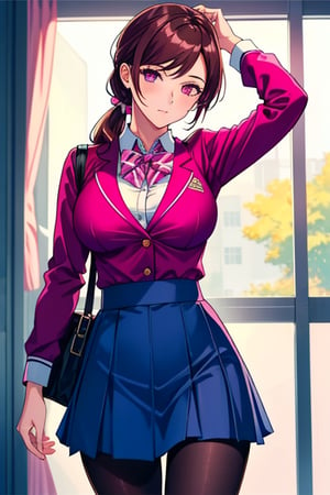 best quality, extremely detailed, masterpiece, females, medium boobs, sexy pose, teenagers, school_girl, school_uniform, school, blue skirt,  pantyhose, pink suit, brown hair, pink eyes, pony_tail, closed button