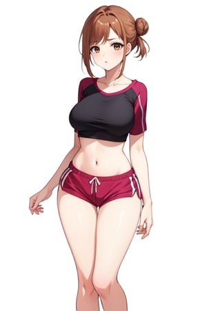 best quality, extremely detailed, masterpiece, 1_girl, underage, 16 years old, young, medium boobs, brown_hair, long_hair, longhair, straight_hair, brown_eyes, teen, teenage, medium thighs, sport_shorts, pink top, crop top, character, white_background, innocent, standing, eye-level, cute, adorable, hair bun, hot