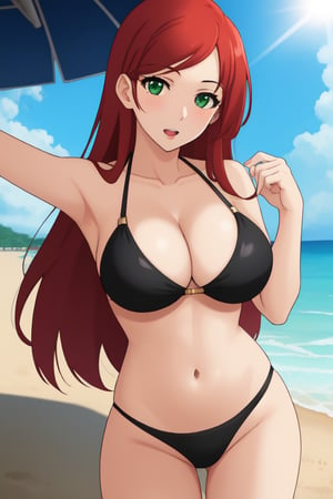 best quality, extremely detailed, masterpiece, female, adult, sexy_pose, cleavage, milf, long_hair, red_hair, green_eyes, beach, pulling down top half bikini, black bikini, Miyako Saitou