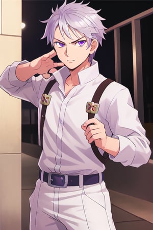 best quality, extremely detailed, masterpiece, manly, manful, cool pose, adult, worn clothes, white clothes, silver hair, short_hair, splitted hair, purple eyes, protagonist (caligula), serious, saint