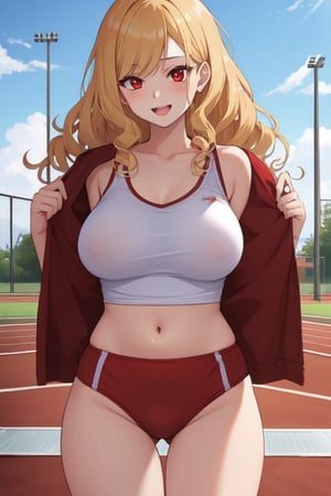 best quality, extremely detailed, masterpiece, females, medium boobs, teen, teenagers, blonde, long_hair, curly_hair, gyaru, red eyes, cheerful, bitch, school sport yard, track field, buruma, white top