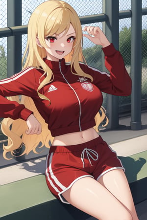 best quality, extremely detailed, masterpiece, females, medium boobs, teen, teenagers, blonde, long_hair, curly_hair, gyaru, red eyes, cheerful, bitch, school sport yard, red track suit, track_suit, shorts, red shorts, stretching, sitting