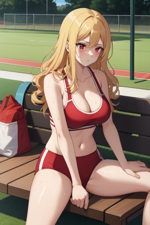 best quality, extremely detailed, masterpiece, females, medium boobs, cleavage, teen, teenagers, blonde, long_hair, curly_hair, gyaru, red eyes, school sport yard, track field, buruma, red buruma, red sportbra, sportbra, tired, resting on a bench, towel around the neck, sweating