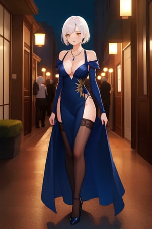 best quality, extremely detailed, masterpiece, females, medium boobs, cleavage, adult, high_heels, evening dress, blue evening dress, elegant, stockings, black stockings, white hair, short_hair, yellow eyes, necklace, night, red-light district, red lights, hotel entrance