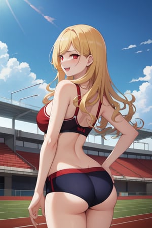 best quality, extremely detailed, masterpiece, females, medium boobs, cleavage, teen, teenagers, blonde, long_hair, curly_hair, gyaru, red eyes, cheerful, bitch, school sport yard, track field, buruma, red buruma, red sportbra, sportbra, viewed_from_behind, butt