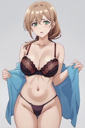 best quality, extremely detailed, masterpiece, 1_girl, mature, milf, mommy, mother, adult, medium boobs, leopard pattern underwear, lace thong, bra, green-eyes, brown-hair, pony_tail, ponytail, standing, white background, Shiori Katase, milfication