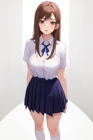 best quality, extremely detailed, masterpiece, 1_girl, underage, 16 years old, young, medium boobs, brown_hair, long_hair, longhair, straight_hair, brown_eyes, teen, teenage, school_girl, school_uniform, knee_socks, white shirt, white_background, innocent, standing, eye-level, cute, adorable