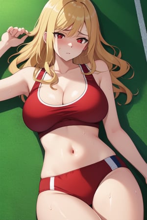 best quality, extremely detailed, masterpiece, females, medium boobs, cleavage, teen, teenagers, blonde, long_hair, curly_hair, gyaru, red eyes, school sport yard, track field, buruma, red buruma, red sportbra, sportbra, sweating, lying on the back, exhausted, tired