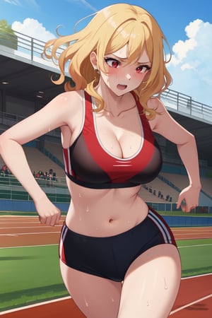 best quality, extremely detailed, masterpiece, females, medium boobs, cleavage, teen, teenagers, blonde, long_hair, curly_hair, gyaru, red eyes, school sport yard, track field, buruma, red buruma, red sportbra, sportbra, run, running, comptetition, race, sweating