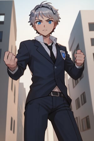 best quality, extremely detailed, masterpiece, manly, manful, cool pose, teenager, blue suit, school, school uniform, black tie, black trousers, silver hair, short_hair, blue eyes, protagonist (caligula), fist