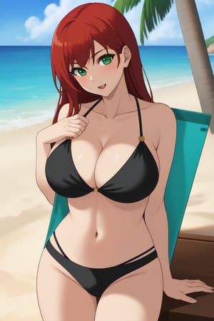 best quality, extremely detailed, masterpiece, female, adult, sexy_pose, cleavage, milf, long_hair, red_hair, green_eyes, beach, take off top half bikini, black bikini, Miyako Saitou