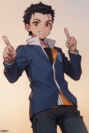 best quality, extremely detailed, masterpiece, boy, cool pose, teenager, blue suit, yellow undershirt, school, school uniform,  black hair, spiky hairstyle, zarya, orange eyes, smile